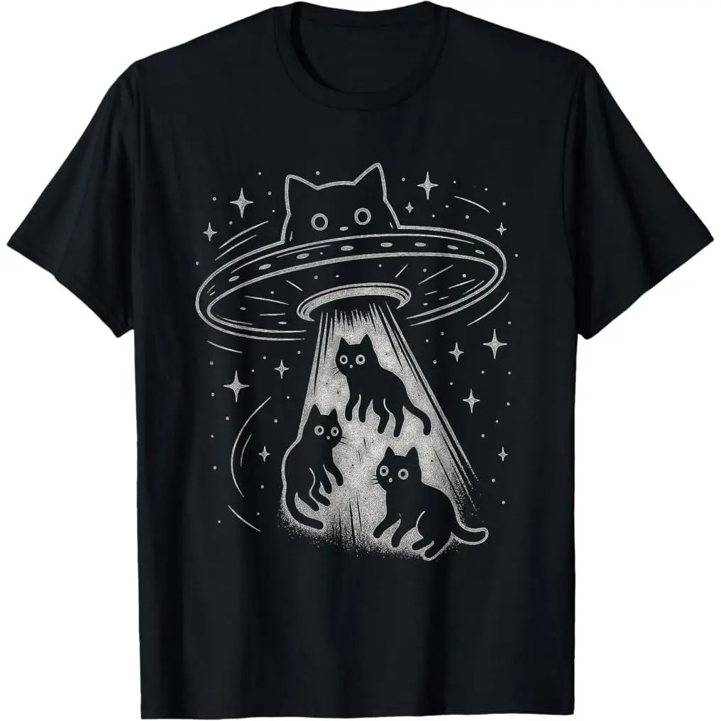 Funny Alien Cat Graphic T-Shirt, Unisex 100% Cotton Fitted Style, Soft Shortsleeve Casual Wear Top for Festival Gift, Fabric, Round Neck, Tshirt