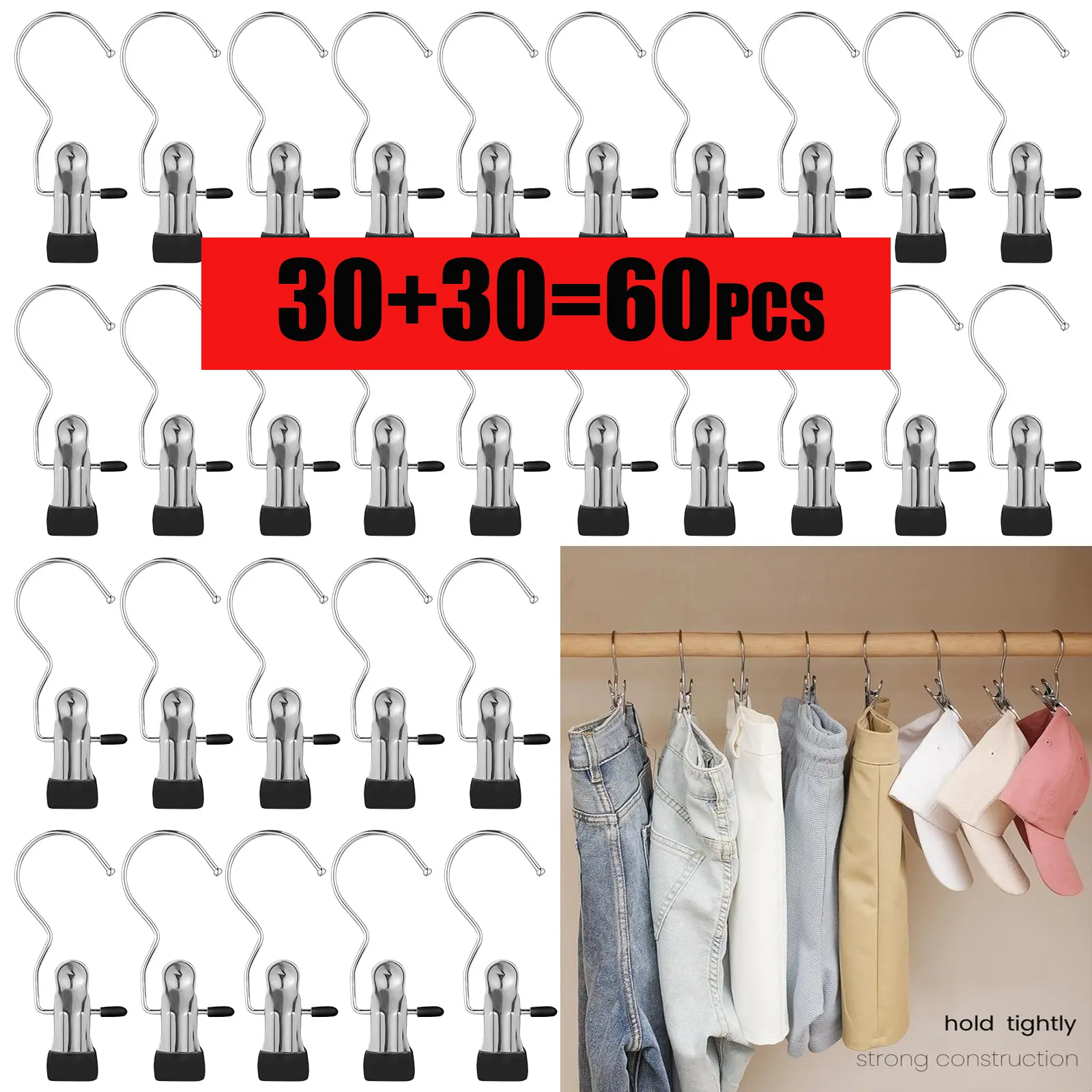 30Pcs Stainless Steel Rotatable Boot Hangers Clips - Home Organizer Hooks for Closet, Travel Use, Hat Holder, Purse Hanger Closet; Organizes Hats, Handbags, Towels, Skirts