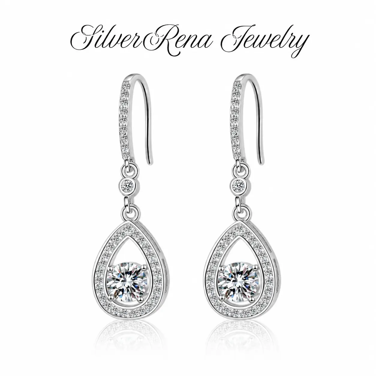Women's S925 Sterling Silver Teardrop Dangle Earrings - Round Stone Halo Design, Sparkling Pavé-Inspired Statement Jewelry for Bridal Wedding Events, Elegant Gift for Women