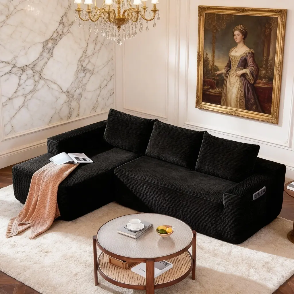 97"Cloud Sectional Sofa Couch with L-Shape Chaise, Modular Sectional Couch Boneless Sofa for Living Room, Cloud Sofa with Deep Seat, Comfy Fluffy Couch with L-Shaped Chaise, Plush Corduroy Fabric, No Assembly Required, Black