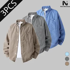 3PCS Men's Micro Plaid Long Sleeve Shirts,SummerVibes, Casual Loose Fit Button Down Tops with Chest Pocket, Vintage Lightweight Oversized Checkered Shirts, Versatile Layering Casual Tops for Daily Wear, 3 Pack Mens Button Up Shirts