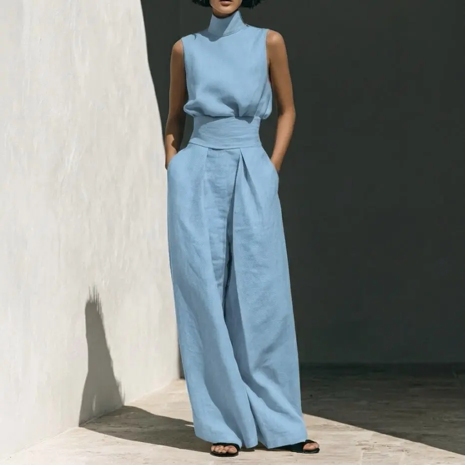 2026 Minimal High Neck Sleeveless Top and Pants Set, Retro Boho Ruffle Sleeveless Top, 2-Piece Elegant Set Chic Mock Neck Halter Top & High-Waisted Wide-Leg Pants, Solid Color Casual Suit, Trendy Old Money Aesthetic Outfit for Summer （Size Up Recommended）