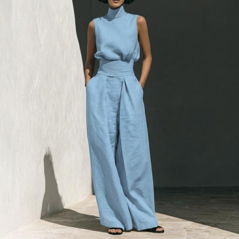 Women's Minimalist 2-Piece Fitted Fabric Set - High Neck Sleeveless Top, High-Waisted Wide-Leg Pants, Retro Boho Ruffle Halter, Solid Color, Chic, Elegant, Party & Everyday Wear, Modern Casual Women's Clothing (Size Up Recommended)