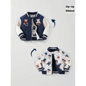 Boys' Autumn New Jacket with Cute Print, Reversible Ribbed Collar Zip-Up Cardigan, Outdoor Jacket Toddlers