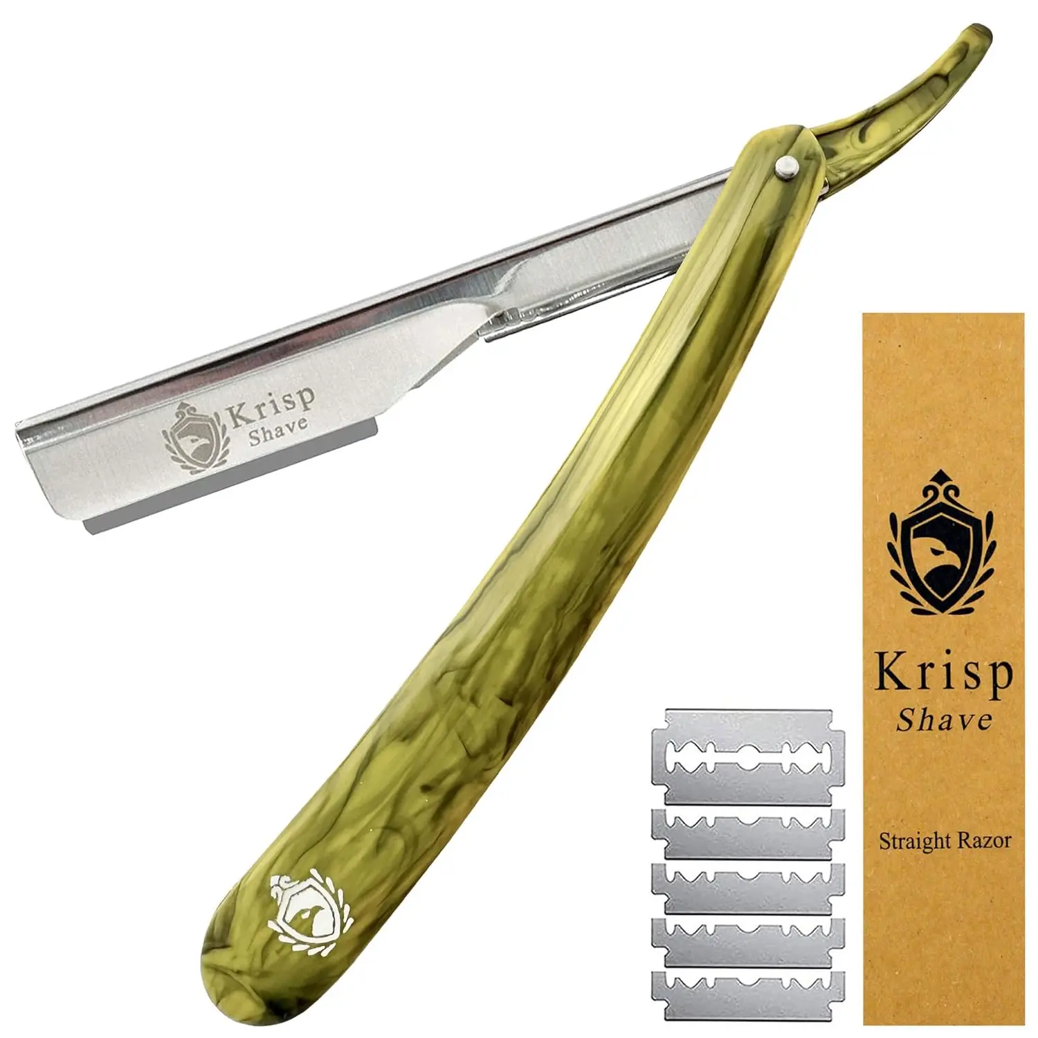 Professional Shavette Straight Razor Kit for Men - Lightweight Stainless Steel Barber Tool for Close Shaving with 10 Blades, 2mm Exposed Blade & Yellow Marble Plastic Handle, Smooth Shave, Straight Blade Razors