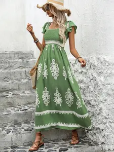 Summer Sexy Slim Printed Wrap Square Neckline Dress