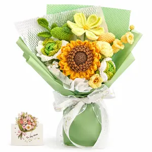 Handmade Crochet Flowers Bouquet Sunflower Theme Gift for Girlfriend Birthday Wedding Anniversary Just Because Gift with Sunflower Rose Lily Tulip Forever Flowers for Her with Greeting Card US Fast Shipping Home Decor Women's Gift