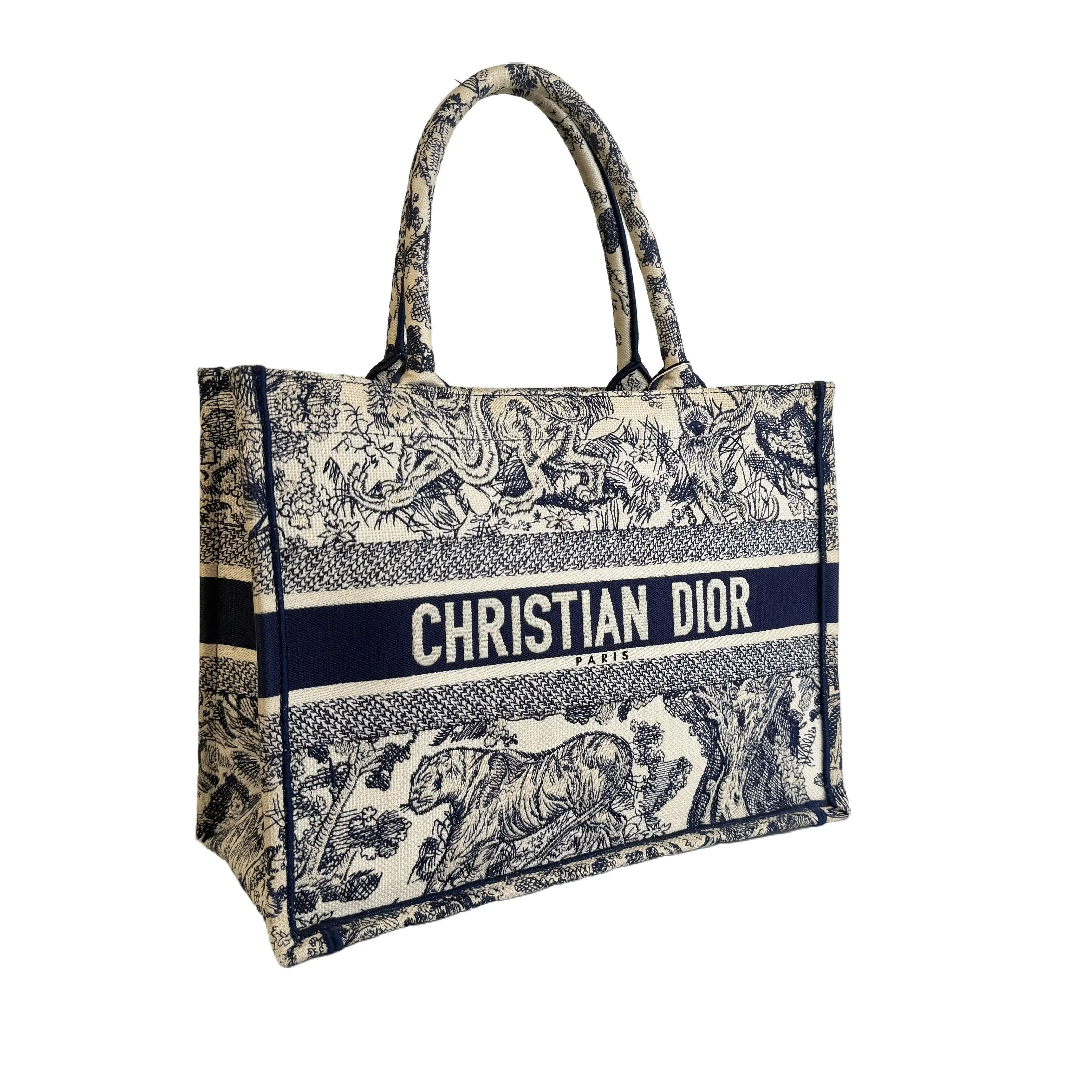 Pre-owned Dior Embroidered canvas Tote bags Book Tote Blue and white Pristine S013260710032