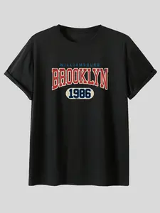 American Vintage Brooklyn Letter Print Short Sleeve T-Shirt, Summer Loose Fit Casual Top, Geometric Pattern, All Seasons