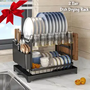 Dish Drying Rack is Suitable for Kitchen Countertops with Drainage Boards,Large 2-Layer Dish Racks, and Utensil Racks Cutlery Holder Organizer,Black