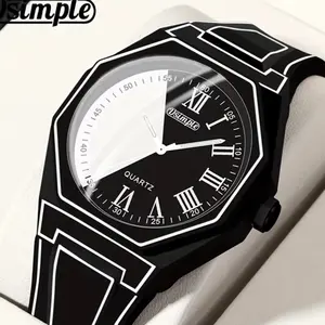 Quartz Watches for Men -1pc Modern Cartoon Minimalist Unisex Mens Watch, Silicone Strap, Black & White Dial with Geometric Patterns, Casual Watches for Men & Women, Special Occasions, Everyday Timepiece - Christmas, Halloween Gift, Reloj Para Hombre.