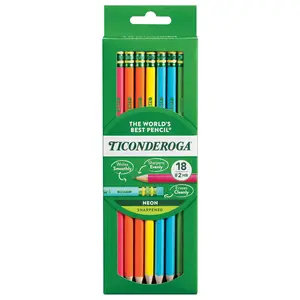 Ticonderoga Wood-Cased Pencils, Pre-Sharpened, #2 HB Soft, Neon Colors, 18 Count