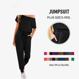 Women's Plus Size Off-Shoulder Pants-Style Romper, S-XXXL, Elastic Waist, Stretchy Loose Minimalist Comfy Lightweight Casual Outdoor Womenswear Clothes #Summervibes