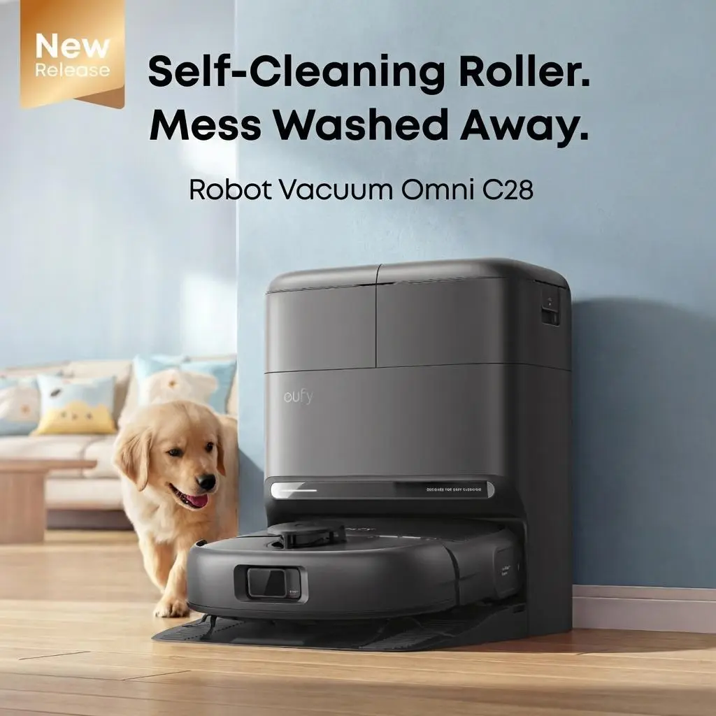 【Upgrade C20】eufy C28 Robot Vacuum and Mop Combo, HydroJet Self-Cleaning Roller Mop, DuoSpiral Detangle Brush, 15,000 Pa Turbo High Suction, 5-in-1 Robot Vacuum and AI Obstacle Avoidance, mothersdaygift