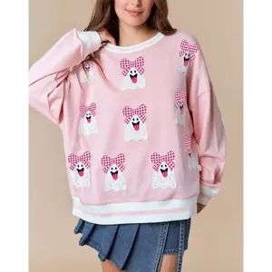 Women's Halloween Sweatshirts - Fashionable Ghost Embroidered Long-Sleeve Oversized Pullover Tops