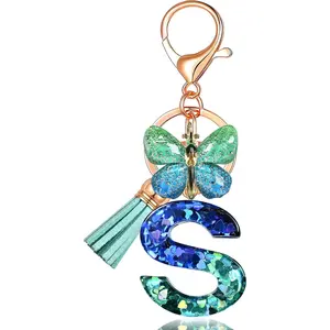 Initial letter Keychains for Women Tassel Butterfly Pink Purple Cute Car Keychain for Wallet Backpack bag charm