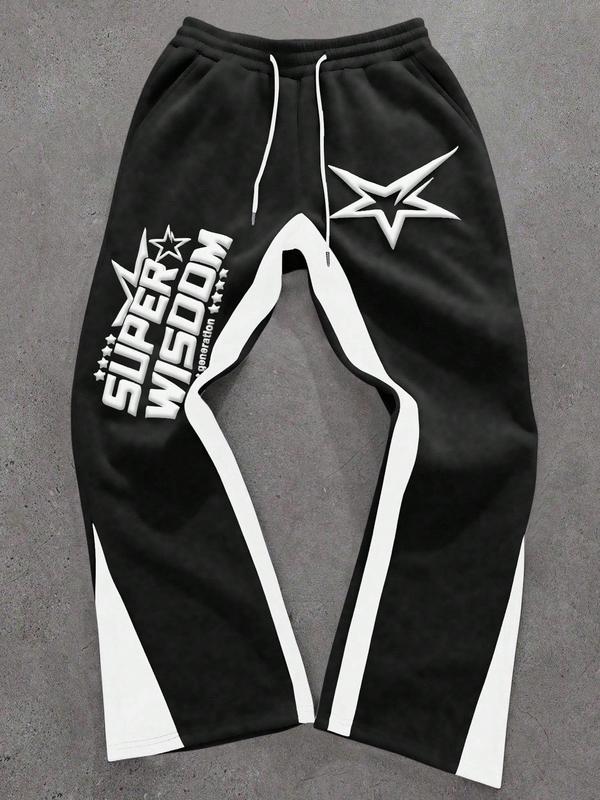Retro Oversized Star Pattern Flared Sports Pants, Heavyweight Contrast Color Wide-Leg Joggers for Festivals & Street Fashion, Comfortable Loose-Fit Athletic Trousers