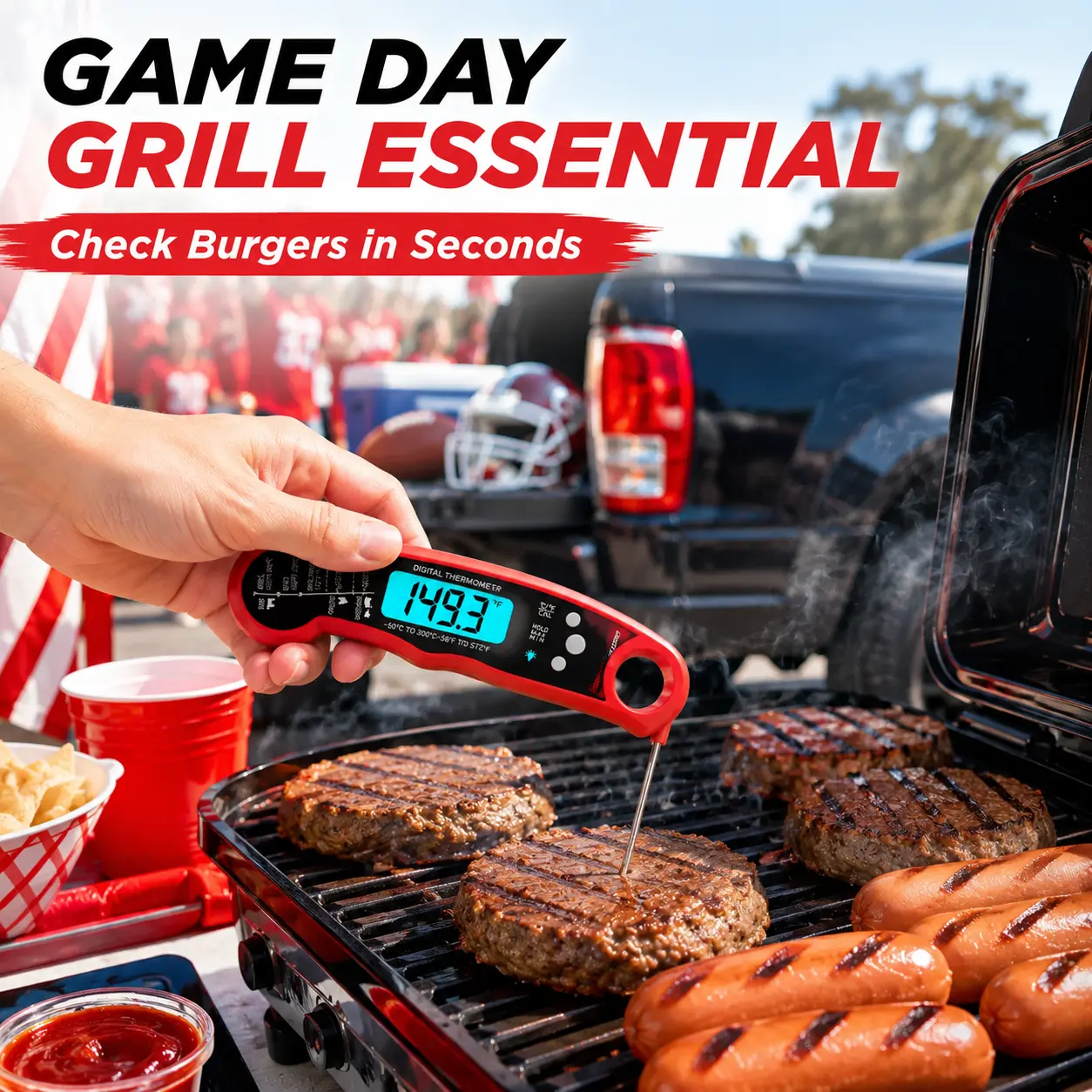 Digital Instant Read Food Thermometer with Stainless Steel Probe, Plastic-PVC Body, Bright Backlit LCD Display, Waterproof Design, Magnet Mount, No Battery for Grill, Roasting, Baking