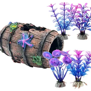 Fish Tank Decoration Betta Fish Tank Decorations Accessories for Aquarium Tank, Starfish Barrel x 1Count, Aquatic Plants x 4Count