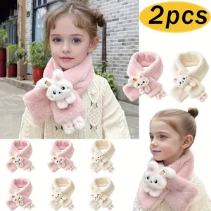 2pcs Kids Winter Scarves with Adorable Cartoon Bunny Plush Soft Pink Knit Cuffs for Girls Boys Toddlers Outdoor Play Thickened Cozy Warm Animal Design Perfect Gift