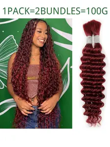 Burgundy Boho Braids Human Hair Braiding Hair 99J 2 Bundles/100g Deep Wave Bulk Human Hair Wine Red Curly Human Braiding Hair For Boho Braids Deep Wave