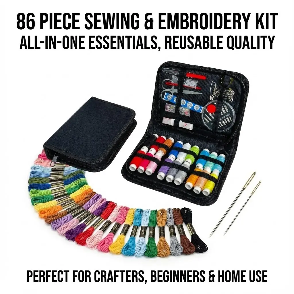 110-Piece Sewing & Embroidery Kit with Thread Portable Zipper Case Needles Scissors & Repair Essentials for Crafting Enthusiasts