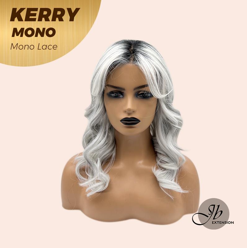 JBEXTENSION KERRY MONO Monofilament Handmade Wig 6X5 Full Monofilament Hand Tied Top Wig 18 Inches Grey with Dark Root Mono Lace Wig With Anti-slip Silicone Strips Glueless Wig KERRY MONO【BENDY EAR TABS】