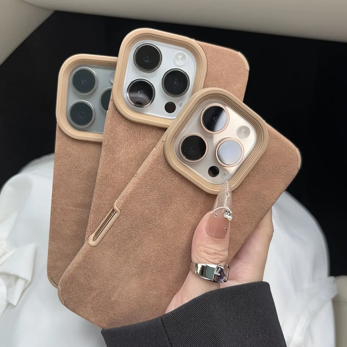 Brown Large-Hole Faux Suede Phone Case - Protective Casing Shell for iPhone 16 Pro Max/15/14 Plus/13/12/11, Mobile Phone Accessories with Enhanced Protection, Smartphone, Handheld