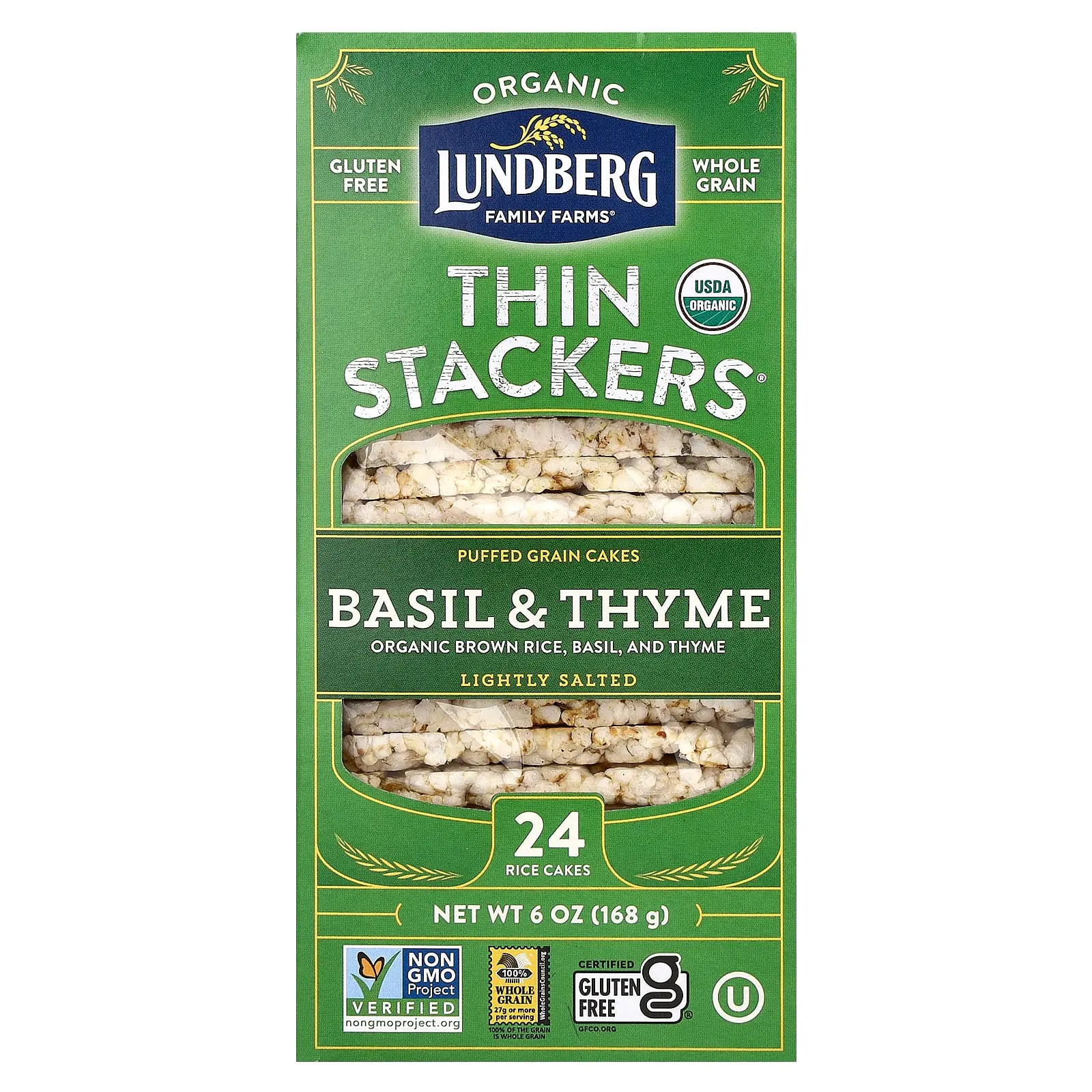 Lundberg Organic Thin Stackers, Puffed Grain Cakes, Basil & Thyme, Lightly Salted, 24 Rice Cakes, 6 oz (168 g)
