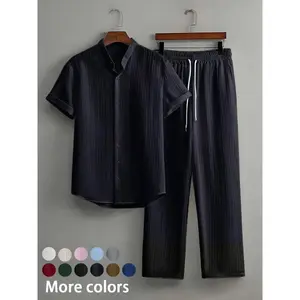 Men’s Two-Piece Linen Set, Casual Short-Sleeve Button-Up Shirt & Pants for Summer, Men’s Clothing for Beach Vacations