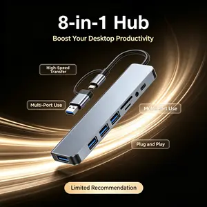 8-in-1 USB C Hub Multiport Docking Station, Optional Basic/Advanced Version, 4K HDMI, 100Mbps Ethernet, 100W PD Charging, USB 3.0/2.0, SD TF Card Reader, 3.5mm Audio Jack Portable Type-C Adapter for MacBook Windows Laptop