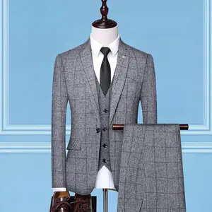 Men's 3-Piece Professional Plaid Suit Fitted Above the Ankle Long Sleeve OL Style Autumn Medium Length Work Suits
