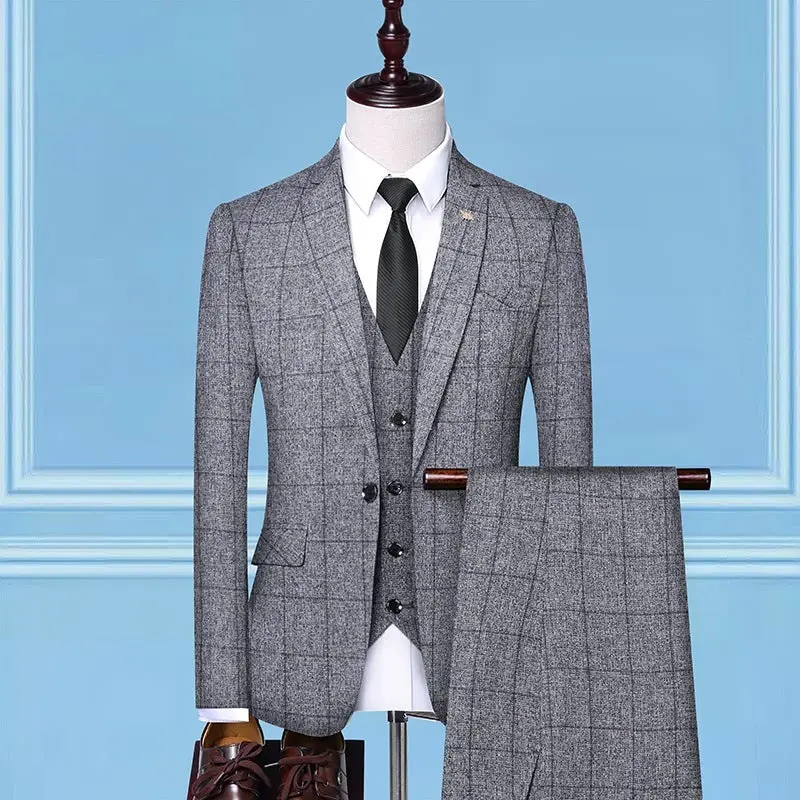 Men's 3-Piece Professional Plaid Suit Fitted Above the Ankle Long Sleeve OL Style Autumn Medium Length Work Suits