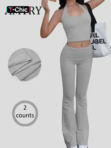 Women's Slim Fit Sporty Flared Pants Set, Spring & Fall Casual Wear, Plain Design, Comfortable High Waist Jogger, Sweatsuit Sets, Workout Sets Women
