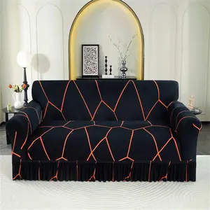 Geometric Pattern Sofa Cover, 1 Count Modern Sofa Slipcover with Ruffle Trim, Dustproof Sofa Protector for Home Living Room, Sofa Protector