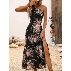 Elegant floral-print open-neck dress with a bohemian style, featuring a thigh slit and woven fabric suitable for a slim-fit women’s fashion look in a casual bohemian style.