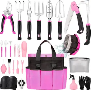 Pink Garden Tool Set Gardening Items for Women - 24 count Heavy Duty Garden Tools with Detachable Storage Bag, Succulent Tool Set, Weeder
