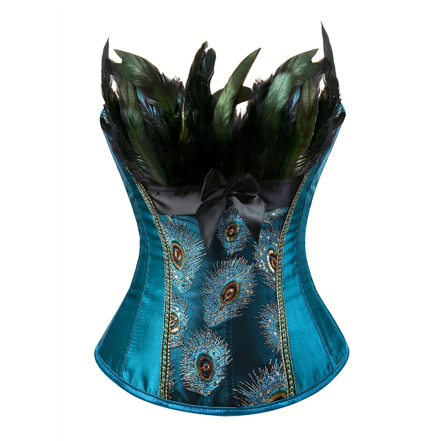 Women's Elegant Peacock Chest Satin Bodysuit - Dark Blue, Non-Stretchy Polyester, Tie-Front, Vintage Top, Halloween Costume Clothes for Party Cosplay