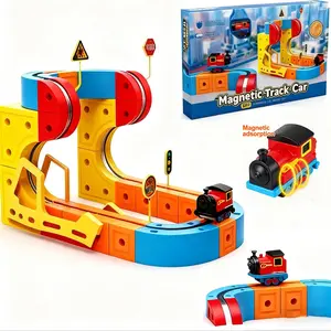 3D Building Cube Track Magnetic Track Train USB Rechargeable DIY Race Car Track Building Kits with Traffic Signs STEM Educational Learning Toys for Boys Girls Birthday Party Gifts Magnetic Construction Set Magnetic Building Set