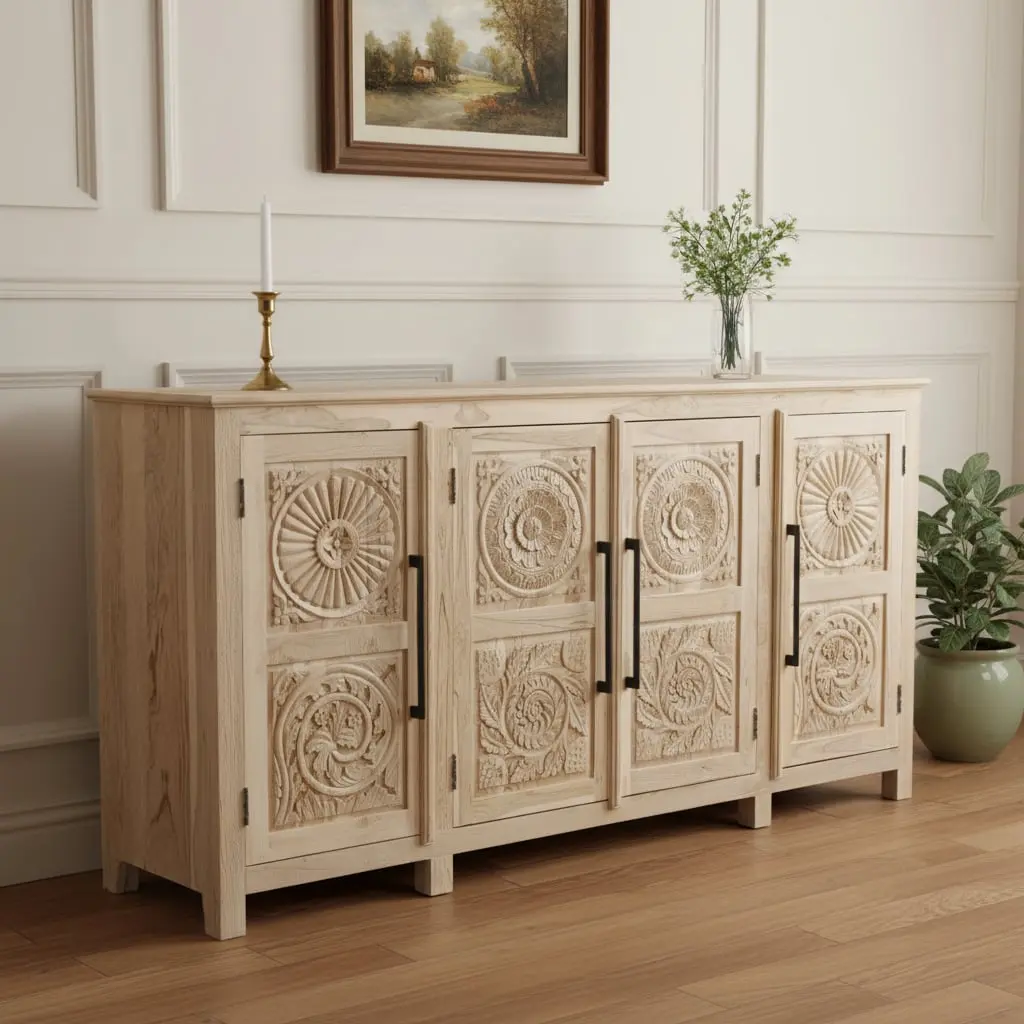 212 MAIN 38x74x18 in. Natural Distressed Solid Wood Carved Floral Sideboard Buffets Cabinet, Freestanding Wood Cupboard with 4 Doors & Storage, Wood Cabinet Chest