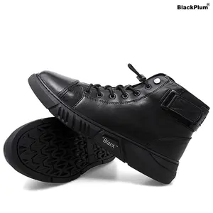 BlackPlum Men’s Trendy High-Top Leather Boots – Full Grain Black, Adjustable Side Zipper, Streetwear Fashion, All-Day Comfort Walking Shoes, Closed Toe
