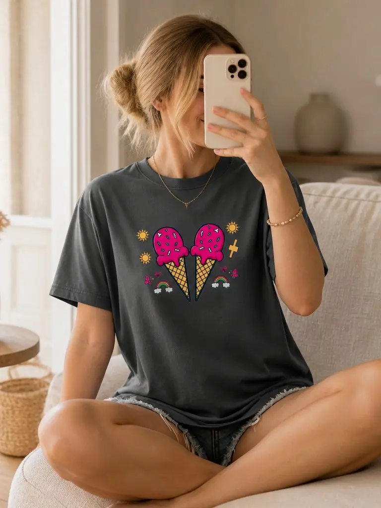 Women Premium Cute Y2K Graphic Tee, Soft 100% Cotton Relaxed Fit Short Sleeve Top Crew Neck, Kawaii Rainbow Ice Cream Printed T-Shirt for Women Street Casual Office Home Outdoor Daily Outfits