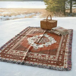 Yarn Woven Picnic Blanket with Tassel: Orange Geometry Pattern, Soft and Breathable, Multi Purpose for Travel Camping Shawl Beach Towel Lawns Weddings Concerts. Indoor Bohemian Decoration and Used As Bed Blanket Sofa Towel Tablecloth Tapestry Yoga