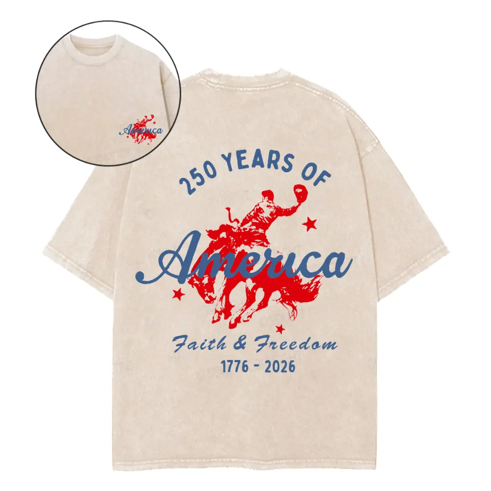 America 250 T-Shirt | Retro Western Rodeo Cowboy Tee | 250th Anniversary Patriotic Graphic Shirt | Heavyweight Oversized Mineral Wash 4th of July Tee Vintage Breathable