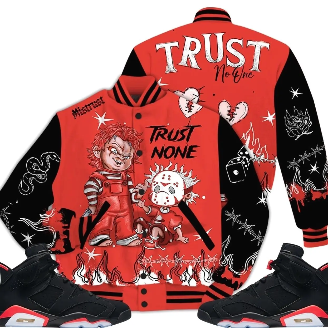 Retro 6 Infrared Varsity Jacket, Black Infrared 6s Outfits, Scary Trust No One Unisex T-Shirts To Match Sneakers Streetwear