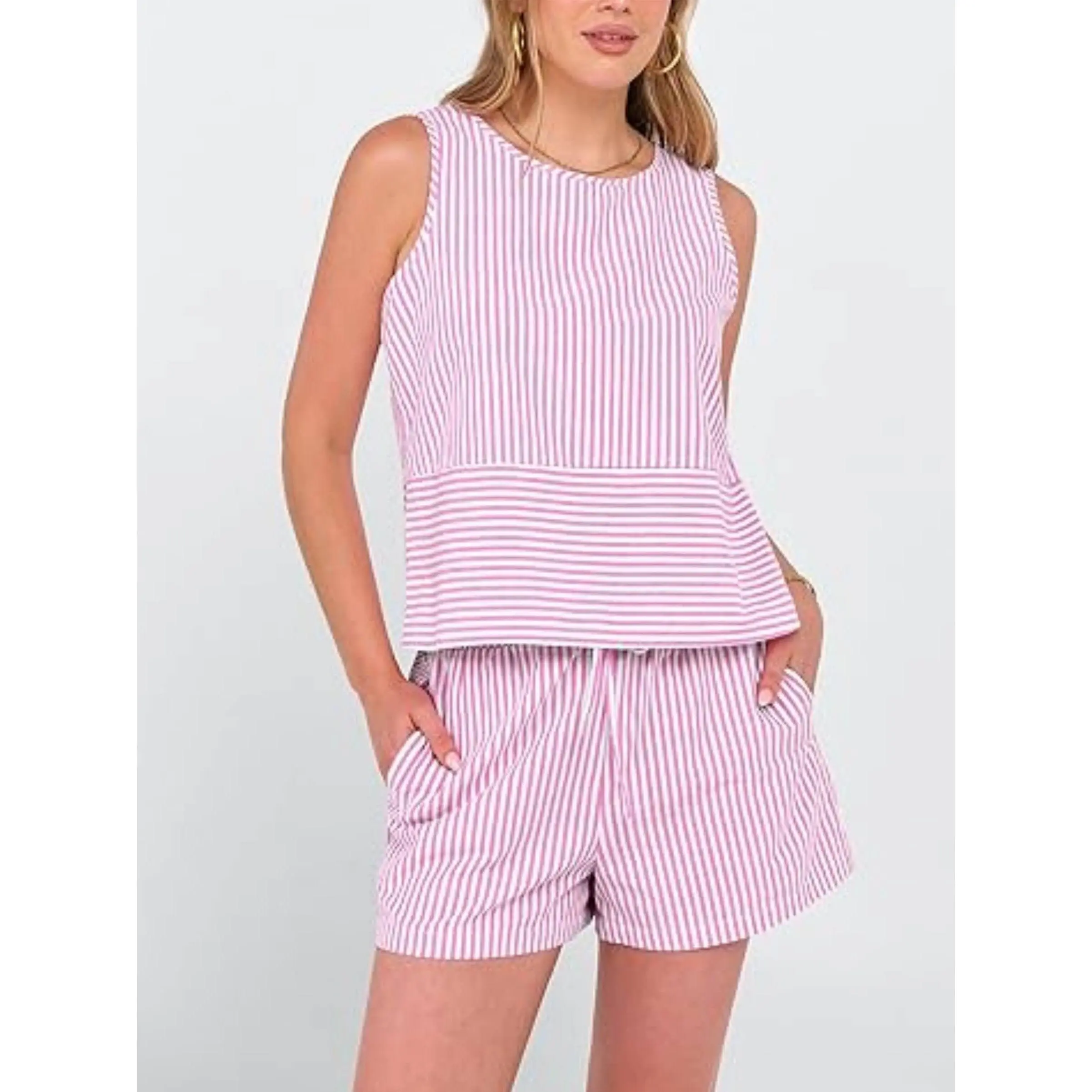 Vertical Stripe Waist Cinch Sleeveless Set