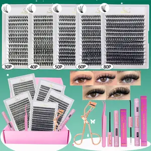 Natural Look Cluster Lash Extensions Kit Synthetic Eyelash Set, Diy Eyelash Clusters, 5 Boxes 30P 40P 50P 60P Individual False Eyelashes with Glue & Tweezers & Glue Remover & Brush, D Curl 9-16mm Diy Cluster Lashes, Professional Eye Accessories