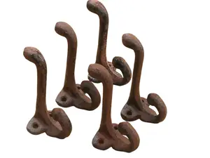 5 RUSTIC COAT HOOKS CAST IRON ACORN 3 1/4" LONG HOOK HAT WALL SCHOOL TOWEL