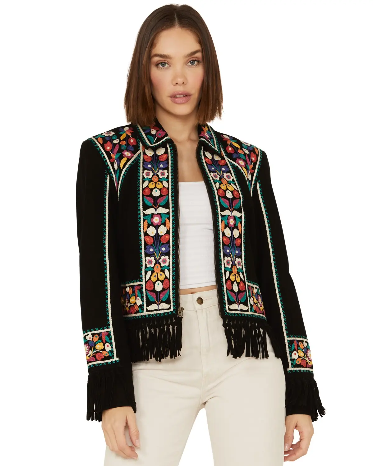 Double D Ranch Women's Women'S Justyna Embroidered Fringe Suede Jacket - C3055