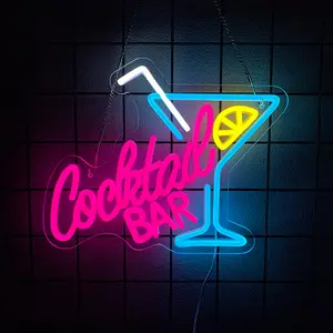 Cocktails Neon Sign Cocktail Glass LED Neon Signs Art Wall Lights for Beer Bar Decor USB Powered Martini LED Neon Light for Party, Cocktails Bar, Pub, Night Club, Man Cave Decoration